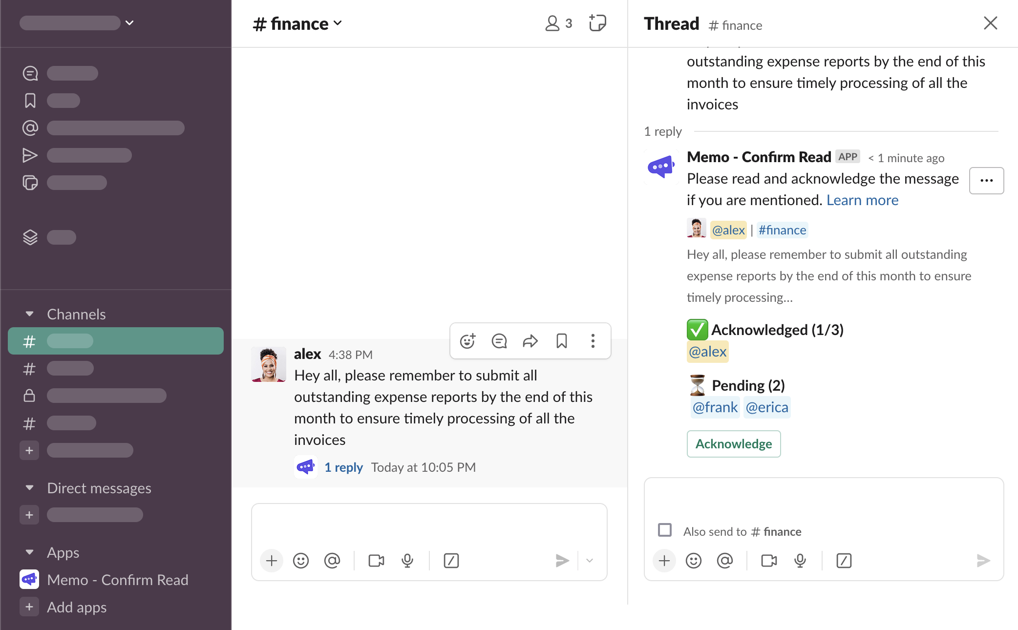 Overview thread message with one person who has acknowledged the message by clicking the “Acknowledge” button